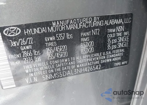 2022 Hyundai Santa Fe Calligraphy z USA, uszkodzony, nr VIN 5NMS5DAL3NH426542